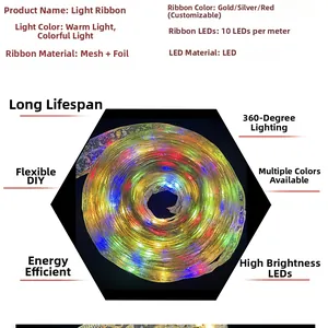 Close-up of 4m gold-stamped double-layer LED ribbon light for Christmas tree decoration