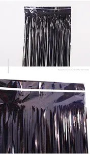 Close-up of black holographic tinsel curtain with shimmering laser dot texture.
