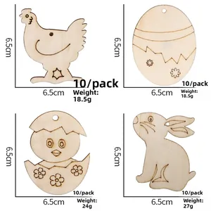 Detailed dimensions and weights for Easter DIY wooden chicken, egg, chick, and rabbit ornaments.