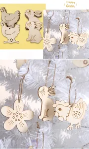 Laser-cut wooden Easter ornaments in bunny, chicken, and flower shapes hanging on a tree