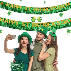 Happy St. Patrick's Day banner decoration with people celebrating at a green party
