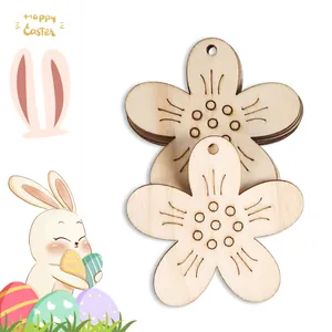 Detail of unpainted flower-shaped wooden Easter tags with pre-engraved flower centers