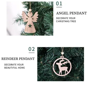 Wooden Christmas tree ornaments with hollow angel and reindeer designs for DIY decor