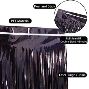 Black 2m laser foil fringe curtain with self-adhesive strip for party background