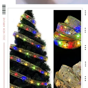 Detailed close-up view of golden double-layer ribbon LED lights on a Christmas tree.