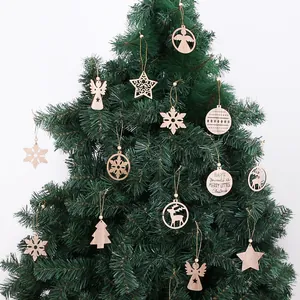 Assorted wooden Christmas tree ornaments set with star, snowflake, and reindeer shapes.