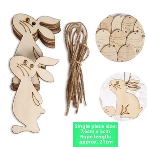 Detailed wooden Easter bunny and egg ornaments with twine for DIY hanging decorations
