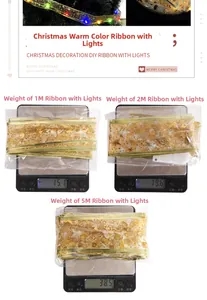 Weight specifications for 1M, 2M, and 5M LED Christmas ribbon lights on a scale.