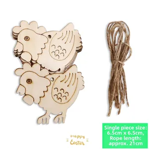Close-up detail of unfinished wooden chicken cutouts with natural jute twine bundle for Easter crafts