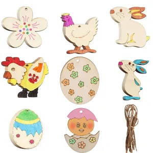 DIY Wood Easter Ornaments Set Bunny Chick Egg Flower Laser Cut Wooden Hanging Decoration For Kids Hand Painting Crafts