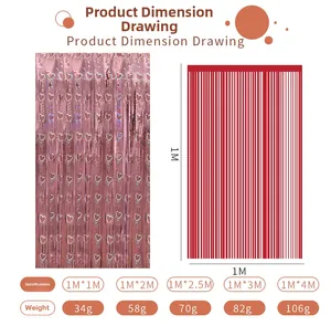 Product specification chart showing sizes and weights for heart fringe curtains