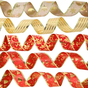 Festive double-layer gold foil Christmas ribbons with reindeer and tree patterns.