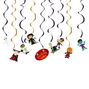 Detail view of Halloween spiral hanging set with decorative character cards