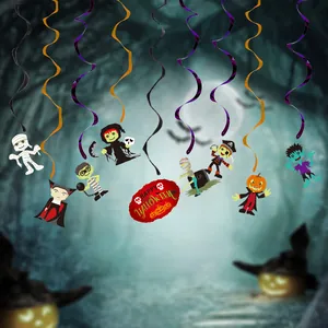Variety of Halloween spiral hanging ornaments with spooky cartoon character charms decoration.