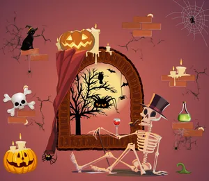 Halloween static window stickers featuring skeleton, pumpkin, black cat and spider web
