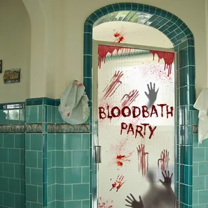 Halloween bloody handprint static stickers with Bloodbath Party text on glass door