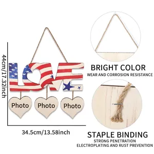 Detail view of Independence Day wooden LOVE sign with American flag pattern and size measurements.