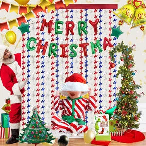 Festive Christmas party backdrop featuring peace dove rain silk curtain and foil balloons