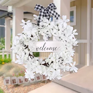 Weißer Künstlicher Blumenkranz Mit Willkommensschild Schwarz Weiß Gingham Schleife Frühling Tür Hängende Dekoration Haus Wand