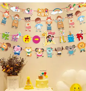 Vibrant Children's Day hanging banner set with cartoon characters for festive party decoration