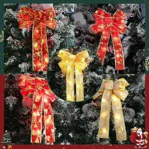 Luminous Christmas Bow Decoration LED Warm Glow Gold Edge Printed Reindeer Snowflake Ornament Tree Topper Xmas Home Decor