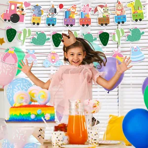 Colorful cartoon animal train and princess themed hanging banner decorations for kids birthday