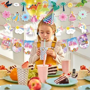 Festive Children's Day party banners with dinosaur, unicorn, and princess themes