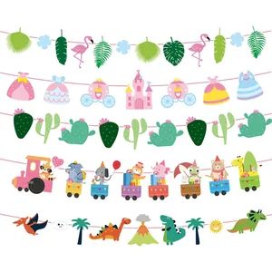 Colorful cartoon theme party banners for children's birthday and festival decorations.