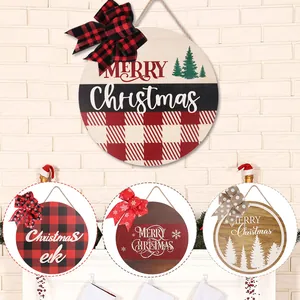 Merry Christmas Wooden Round Hanging Sign With Bow Winter Holiday Welcome Door Plaque For Home Wall Porch Decor Gift
