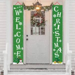 Green non-woven Christmas porch banners with Welcome and Christmas white text