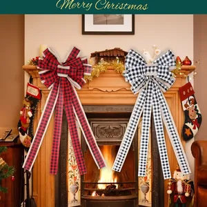 Grandes lazos de Navidad de lino sintético a cuadros para decorar el árbol y chimenea