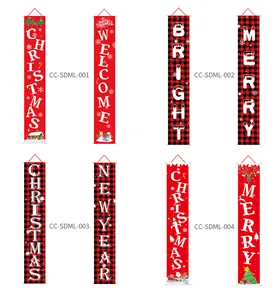 Detailed view of multiple Christmas porch banner designs in red and buffalo plaid patterns