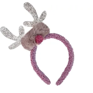 Cute purple reindeer antler headband with silver glitter and faux fur for Christmas party
