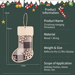 Handcrafted wooden Christmas stocking ornament with snowflake detail and plaid fabric insert