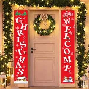 Festive red Christmas porch banners featuring Welcome and Merry Christmas motifs