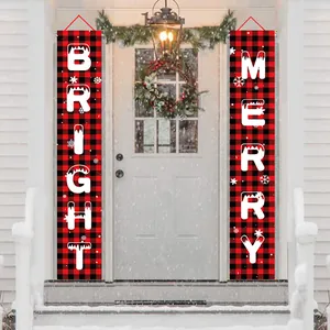 Vertical red and black buffalo plaid Christmas porch banners with Bright and Merry lettering