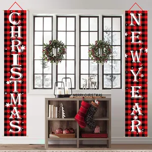 Pair of Christmas and New Year buffalo plaid porch banners for festive home party decor