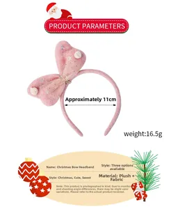 Detail view of pink Christmas bow headband including size measurements and material info