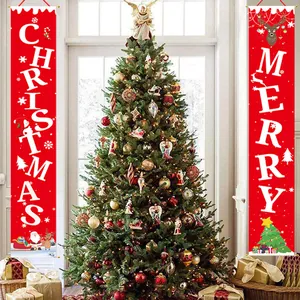 Red non-woven Christmas banners with 'Merry Christmas' text in a festive setting