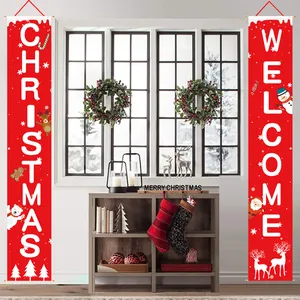 Red Christmas porch banners with Welcome and Christmas text in a festive home setting