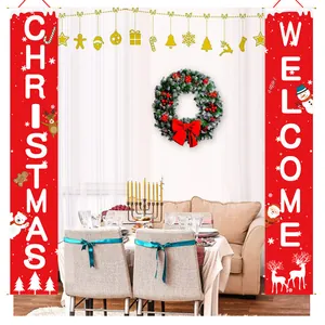 Red Christmas banners with Welcome text shown in a festive home dining room scenario