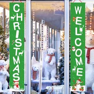 Green Christmas porch banners with snowman and reindeer patterns for holiday door decor