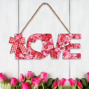 Decorative Valentine's Day LOVE wooden hanging sign with rose pattern and red bow