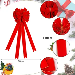 Large red velvet Christmas bow with gold edges for door and tree decoration 110cm
