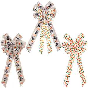 Set of 3 Easter decorative bows with bunny and carrot patterns on white background