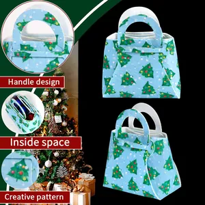 Blue Christmas felt gift bag with handle and festive tree pattern details.