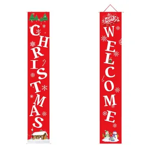 Festive red Christmas door banners featuring large white Welcome and Christmas text decorations
