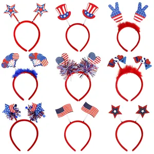Set of 9 patriotic July 4th headbands with stars, flags, and USA themes for parties.