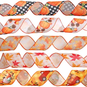 Autumn Harvest Wired Edge Ribbon 6.5cm Wide Pumpkin Truck Maple Leaf Printed Polyester Ribbon For Thanksgiving Halloween Decor DIY Bows