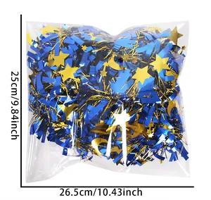 Packaging view of blue and gold star moon tinsel with dimensions 25x26.5cm for party decor.
